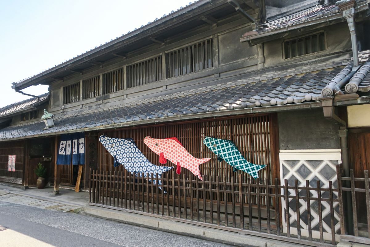 Carp streamer on a buiding Arimatsu Shibori